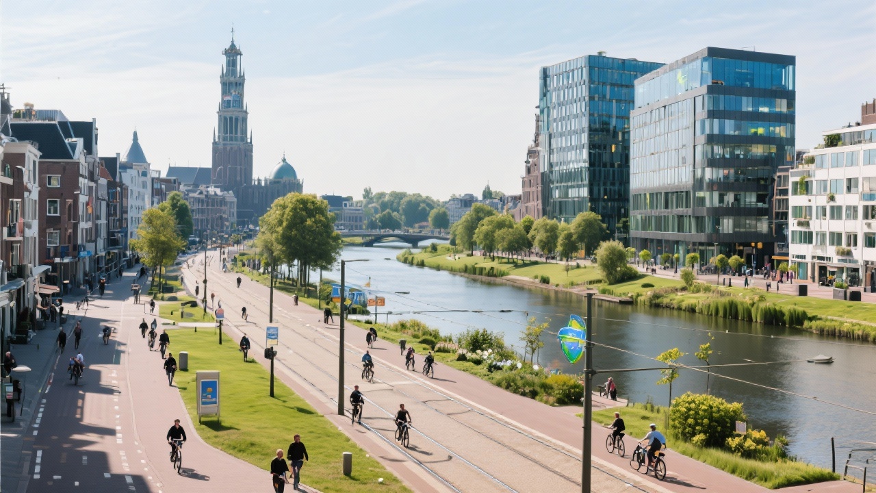 Wide-angle shot of Utrecht cityscape with tram lines, cyclists, energy-positive office buildings, and riverside parks demonstrating integrated urban sustainability progress across the Netherlands.