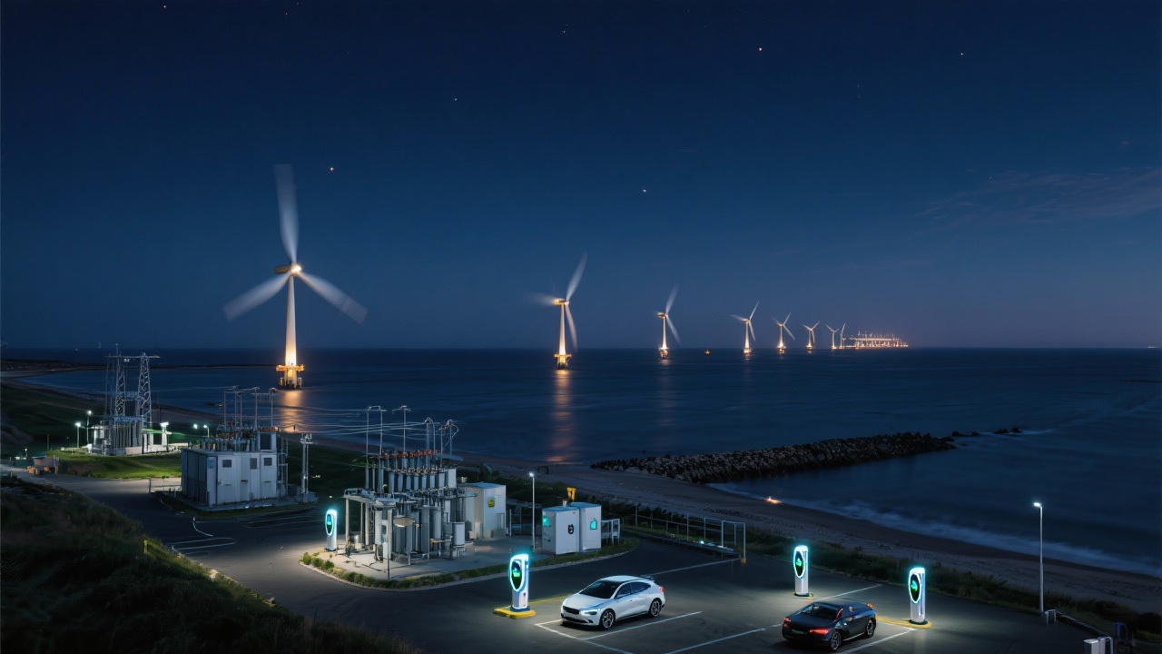 Nighttime panorama of offshore wind farm feeding illuminated Dutch coastline with smart grid substations and electric vehicle chargers symbolising national energy transition progress and resilient renewable infrastructure.