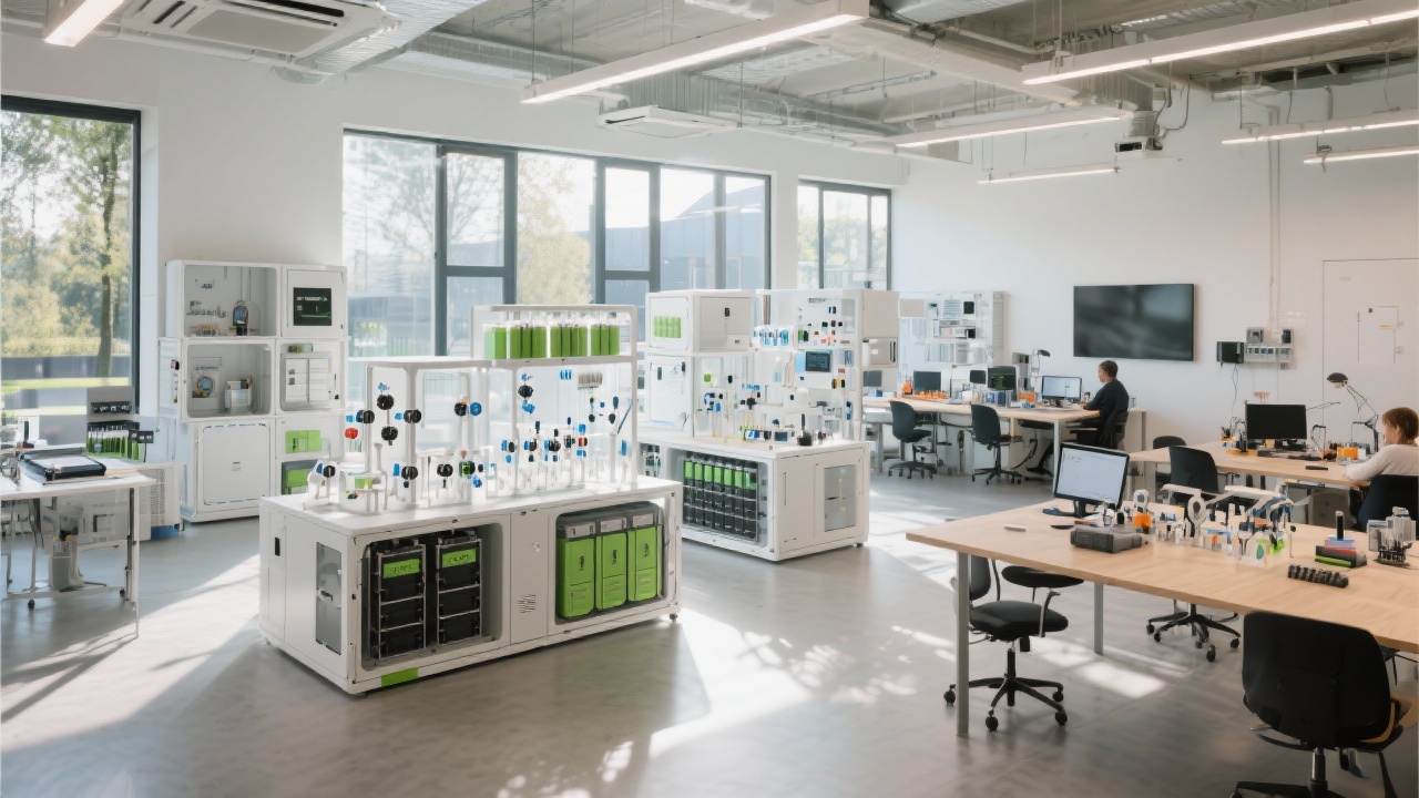 Modern Dutch innovation lab featuring modular prototypes, battery storage units, sensor arrays, and collaborative worktables illuminated by natural light, embodying practical experimentation with advanced sustainable technologies.