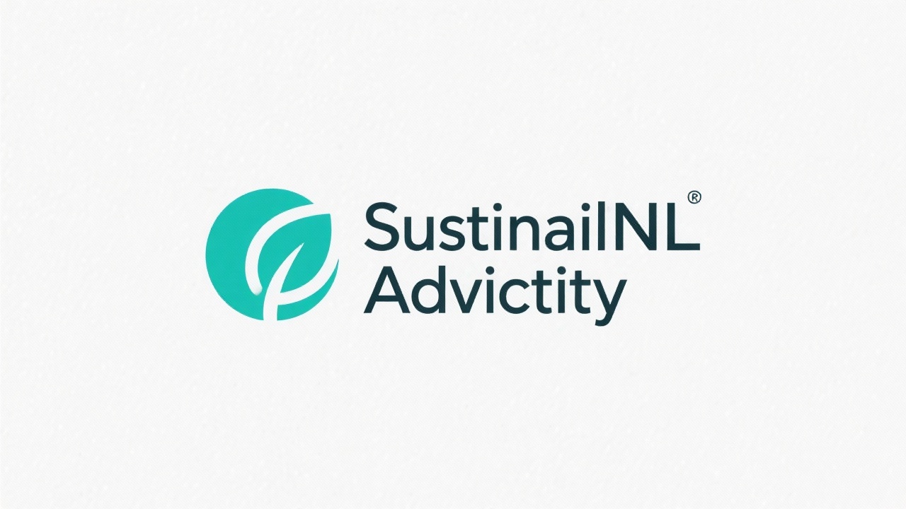 Minimalist SustainNL Advisory logo featuring a teal circular leaf icon beside clean sans-serif lettering on white background representing approachable Dutch eco-technology consultancy identity design.