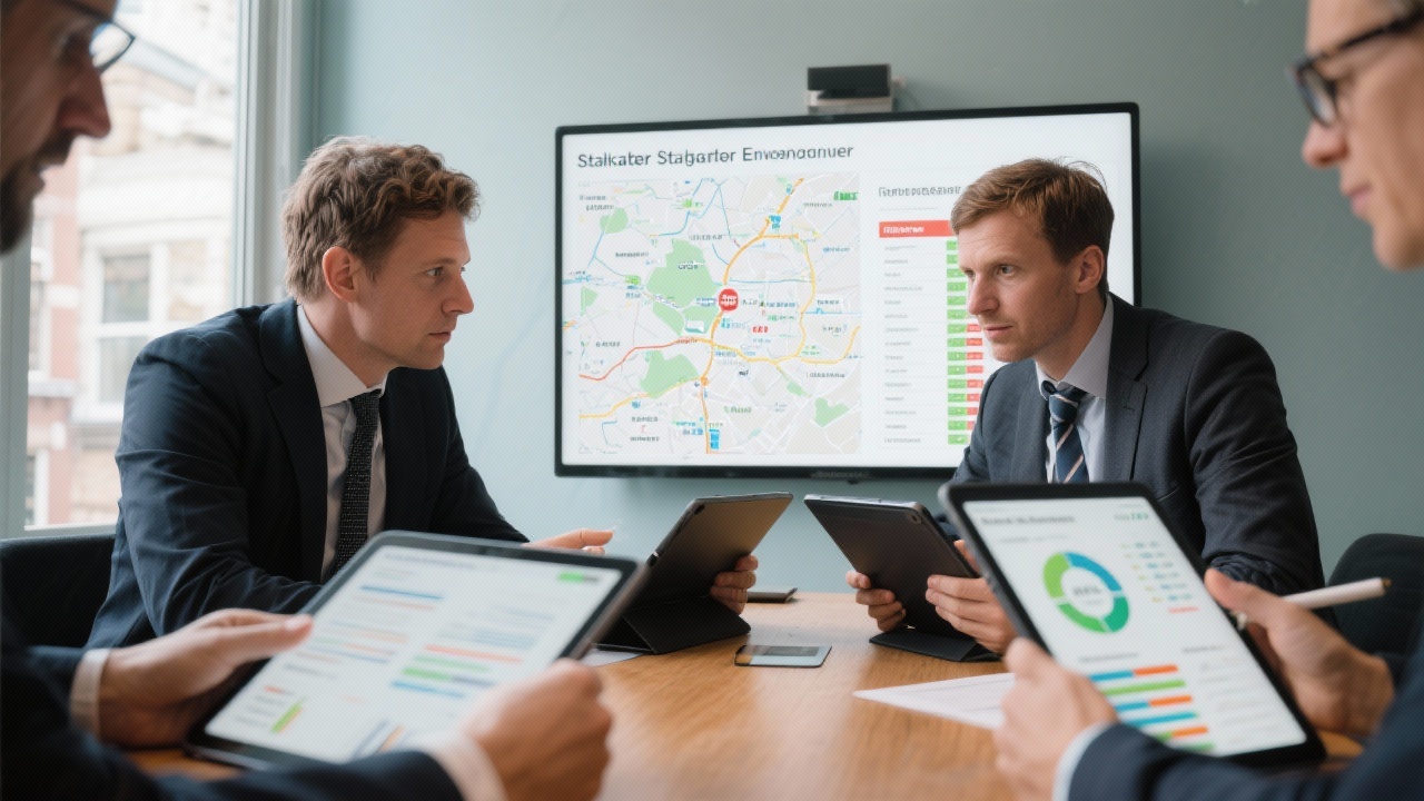 Executives reviewing stakeholder engagement journey maps, risk registers, and sustainability KPIs on digital tablets during an Amsterdam meeting emphasising transparent corporate governance practices.